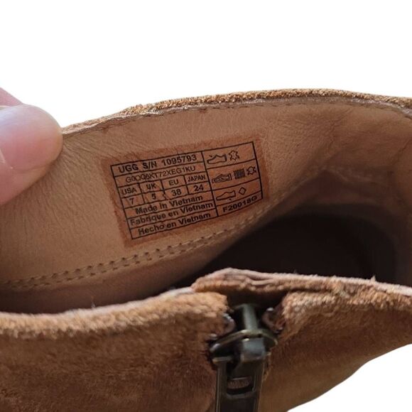 UGG Women's Size 7 Camel Suede Lace Back Side Zip Heeled Ankle Booties - Picture 9 of 9